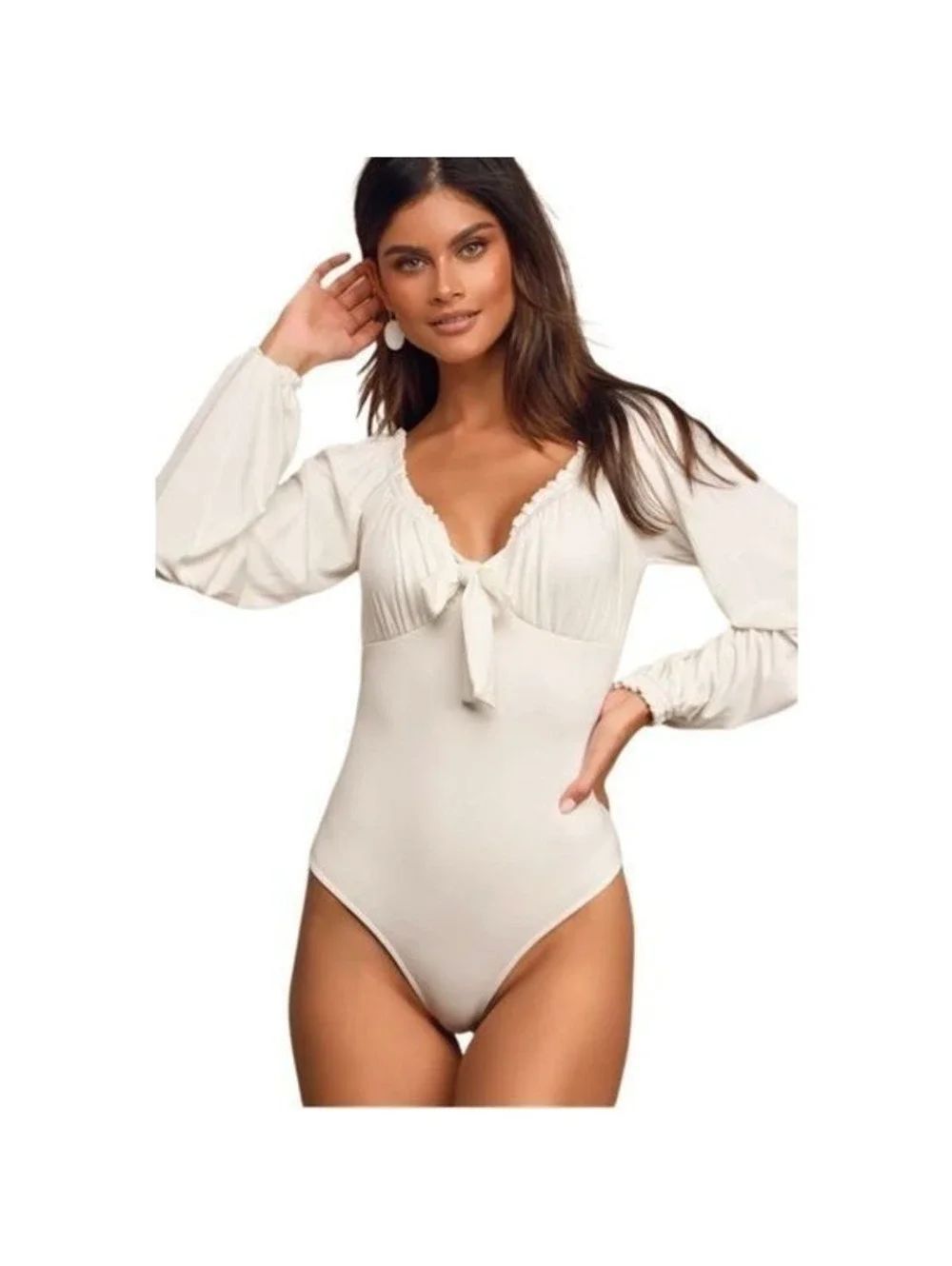 Lulus After Your Heart Ivory Long Sleeve Ruffled Bodysuit Sz S